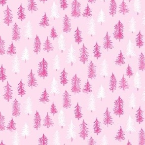 463 - Small scale candy floss hot pink hand drawn pine fir trees - for pink wallpaper, bed linen, duvet covers, baby girl nursery,  nature baby, curtains, peel and stick wallpaper, book covers, Christmas stocking, Santa sack