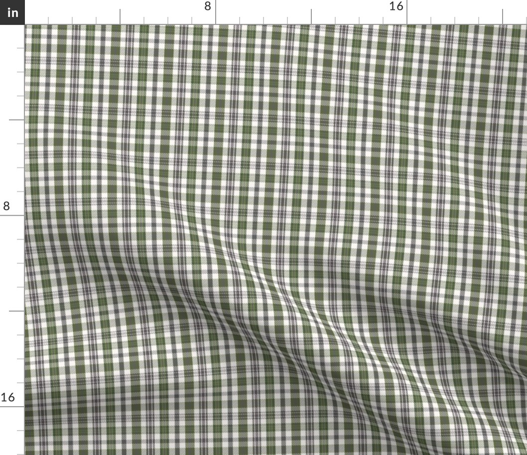 Small scale twill weave buffalo plaid in cool Christmas colors of white, grey and olive greens, for  mod traditional table linen, napkins, table runners, masculine, gender neutral, cabin cozy style.