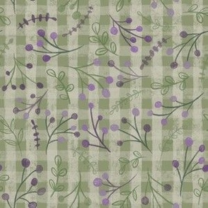 Sage Green Gingham with Lavender Twigs Berries