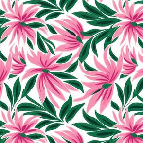 Pink and Green Gouache Painted Flowers on White