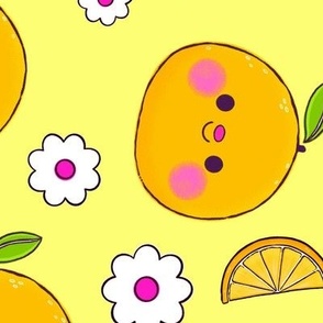 Oranges and Flowers Pattern - Yellow Background - Large Scale