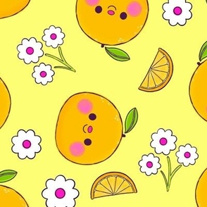 Oranges and Flowers Pattern - Yellow Background - Medium Scale