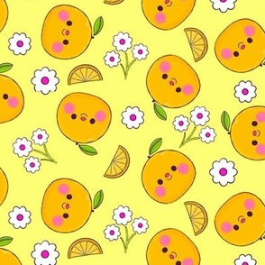 Oranges and Flowers Pattern - Yellow Background - Smaller Scale
