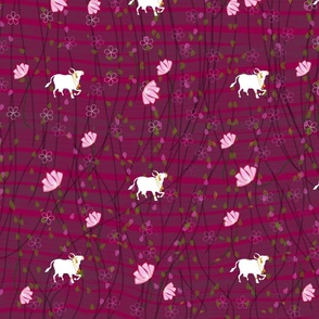 Magenta pichwai with ornamented cows and lotus