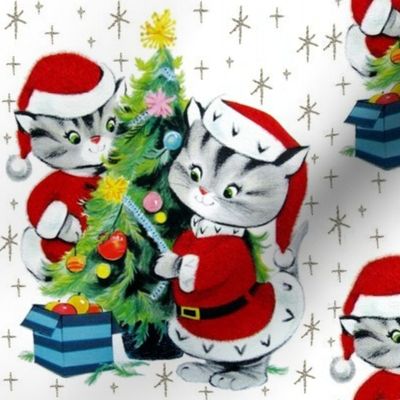 2 cats Santa Claus Santarina Christmas xmas trees decorations baubles  stars vintage retro kitsch red green white