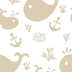 Medium /// Whimsical Coastal Kids: Beige Whales, Seaweed, Anchors & Fish kids fabric + wallpaper