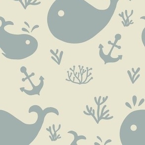 Medium // Whimsical Coastal Kids: Blue Whales, Seaweed, Anchors & Fish kids fabric + wallpaper