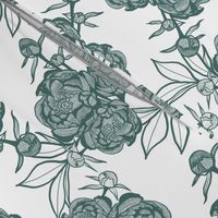 French Country Lace Peonies in Dark Blue Green