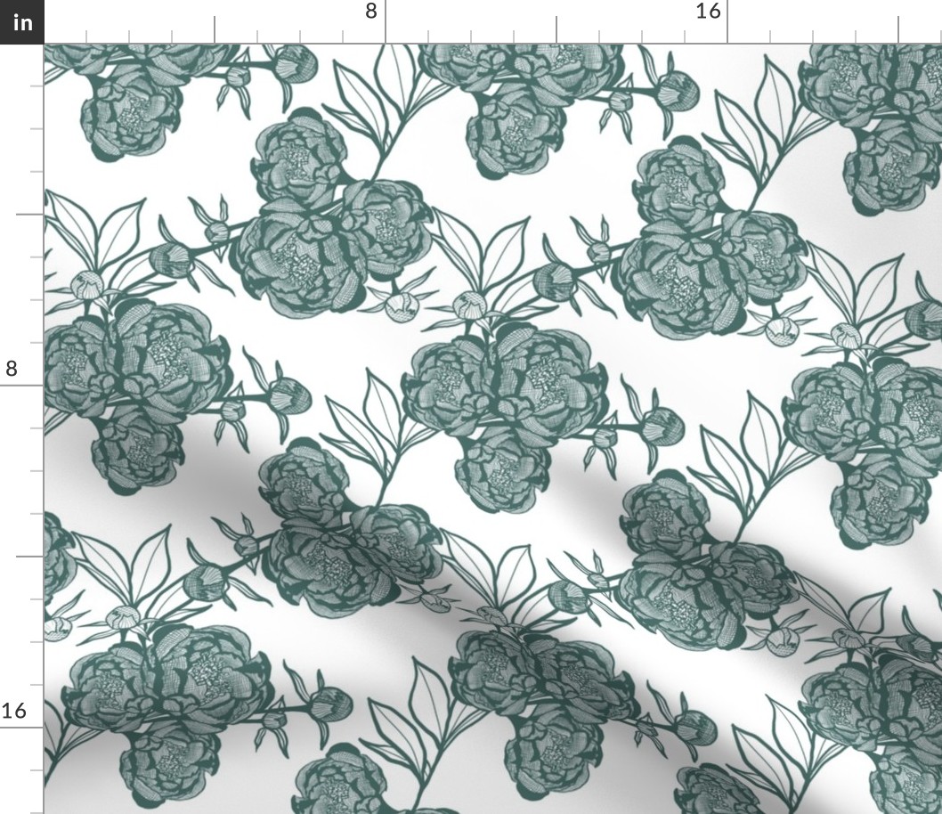 French Country Lace Peonies in Dark Blue Green