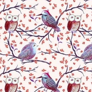 Birds on Branches in Red + Purple - (M)