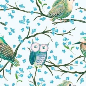 Birds on Branches in Blue - (XXL)