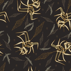 golden and olive green grass on non-directional whimsical moody wallpaper