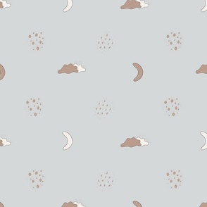 Large – night sky with moon, stars & clouds – baby blue, off-white, beige