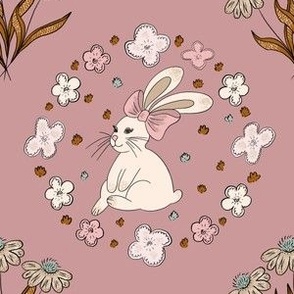 Medium – sweet girly design with bunny and wild flowers – dusty pink, cream, pastel green