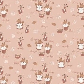 Medium – cute, dressed foxes with fruits, flowers, hand lettering – peach, pink, beige
