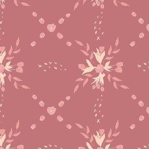 Large scale hand drawn diamond tulips birds on pink for spring summer 