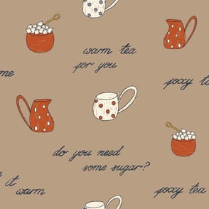 Jumbo – cute ceramics with sweeties, teapot, milk jug, written words – beige, red, off-white