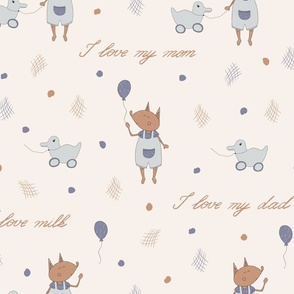Jumbo – cute fox baby boy with push-along duck, balloon, dots, lettering – cream, baby blue, beige