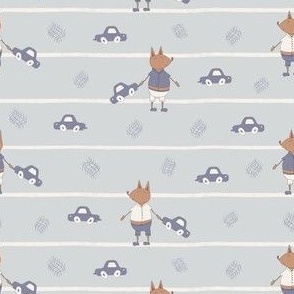 Medium – cute, dressed fox boy with cars on stripes – baby blue, off-white, beige