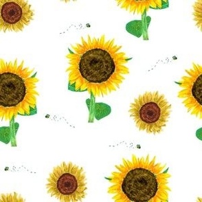 Sunflowers and Little Bees in White - (L)