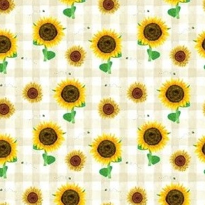 Sunflowers and Little Bees with Neutral Plaid - (S)