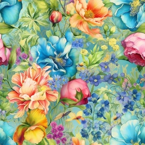 Watercolor Assortment of Flowers and Florals in Pink, Orange, and Blue