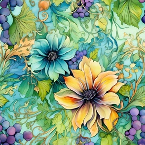 Watercolor Assortment of Flowers and Florals in Yellow and Blue Colors