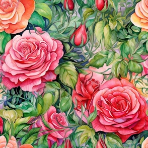 Watercolor Roses in Orange and Pink Flower Floral