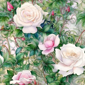Watercolor Roses in White and Light Pink Flower Floral
