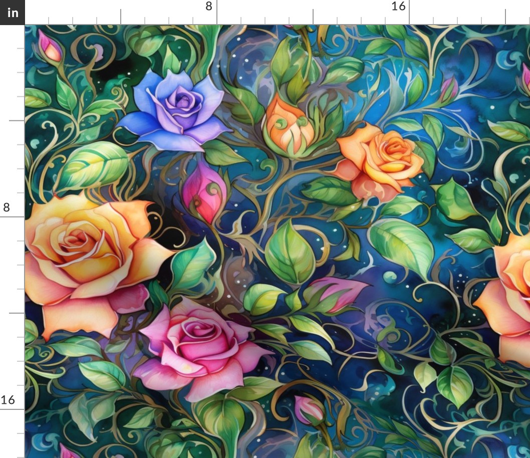 Watercolor Roses in Rainbow Multicolor Flower Floral