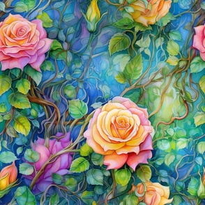 Watercolor Roses in Pink and Yellow Flower Floral