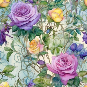 Watercolor Roses in Purple and Yellow Flower Floral