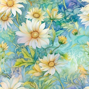 Watercolor Daisies in Bright White and Yellow Flower Floral