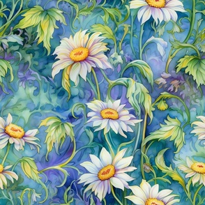 Watercolor Daisies in Bright Yellow and White Flower Floral