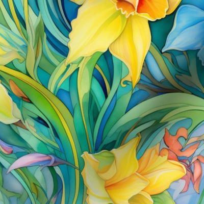 Watercolor Daffodils in Bright Yellow and White Flower Floral