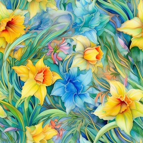 Watercolor Daffodils in Bright Yellow and White Flower Floral