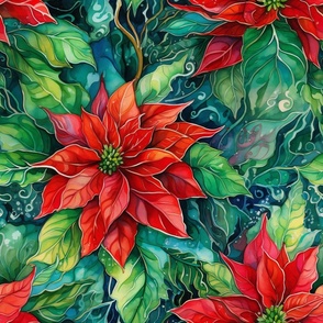 Watercolor Poinsettia in Red and Green Christmas Flower Floral