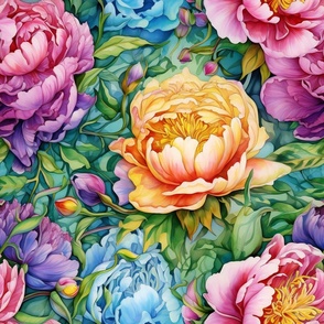 Watercolor Peonies in Pink and Yellow Flower Floral