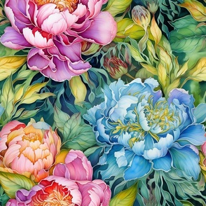 Watercolor Peonies in Pink, Blue, and Purple Flower Floral