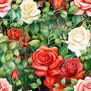 Watercolor Roses in Red and White Flower Floral