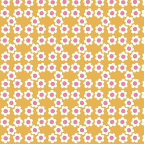 Small Flower power daisy - white and bubblegum pink flowers on Sunray yellow - 60s  70s floral - groovy retro vintage inspired fabric / wallpaper