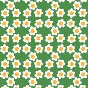Extra small Flower power daisy - white and yellow flowers on kelly green - 60s  70s floral - groovy retro vintage inspired fabric  wallpaper kopi