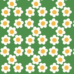 Medium Flower power daisy - white and yellow flowers on kelly green - 60s  70s floral - groovy retro vintage inspired fabric / wallpaper 