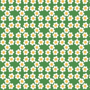 Small Flower power daisy - white and yellow flowers on kelly green - 60s  70s floral - groovy retro vintage inspired fabric /  wallpaper 