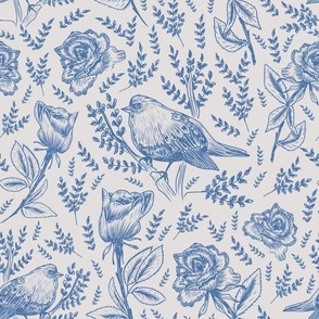 Design with birds and roses, plain in chinoiserie style on a grayish background