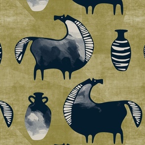 Abstract horses on olive