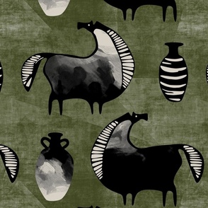 Abstract horses black on olive