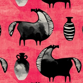 Abstract horses black on pink red