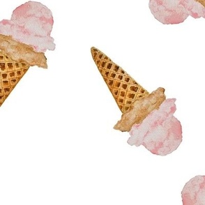 Large Scattered Watercolor Ice Cream in Waffle Cones with White Background