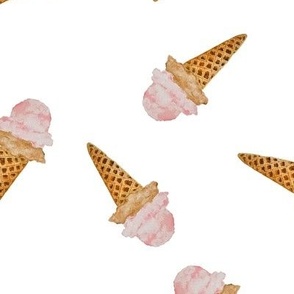 Medium Scattered Watercolor Ice Cream in Waffle Cones with White Background
